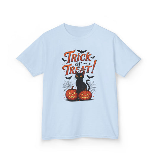 Cute Trick or Treat Black Cat T-Shirt for Girls Boys, Fun Spooky Halloween Tee, Pumpkin Cat Shirt for Kids, Fall Party Outfit