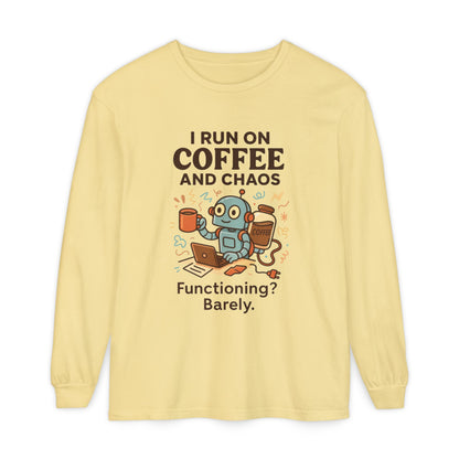 Coffee Chaos Long Sleeve Tee, Funny T-Shirt, Quirky Gift for Coffee Lovers, Unisex Top for Busy Lives, Work from Home Humor Tee