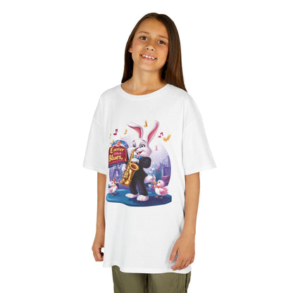 Easter Blues Bunny Kids T-Shirt - Cute Jazz Music Themed Tee for Boys and Girls, Fun Spring Gift, Bunny Playing Saxophone Design