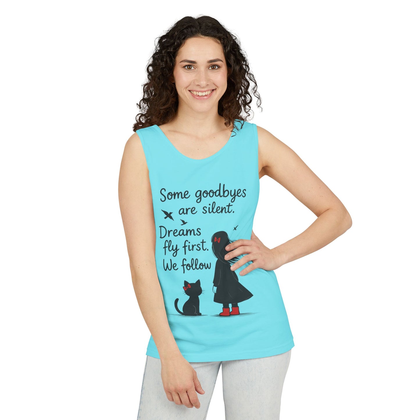 Minimalist Tank Top, Womens Tank, Girl & Cat Art Print, Emotional Lightweight Summer Shirt,  Inspirational Apparel, Cat Lover Gift