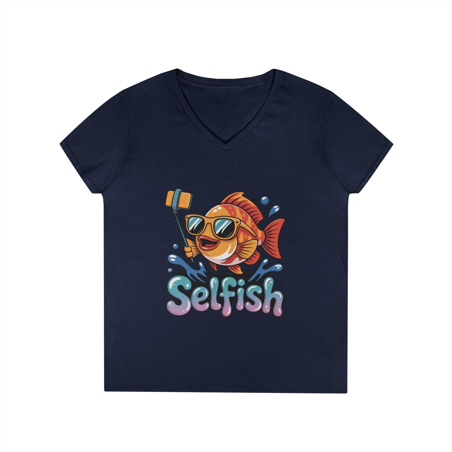 Ladies' V-Neck T-Shirt, Funny Selfie Fish Graphic Womens Tee, Playful Pun Gift for Her, Summer Vibes, Unique Beach Shirt, Outdoor Adventures