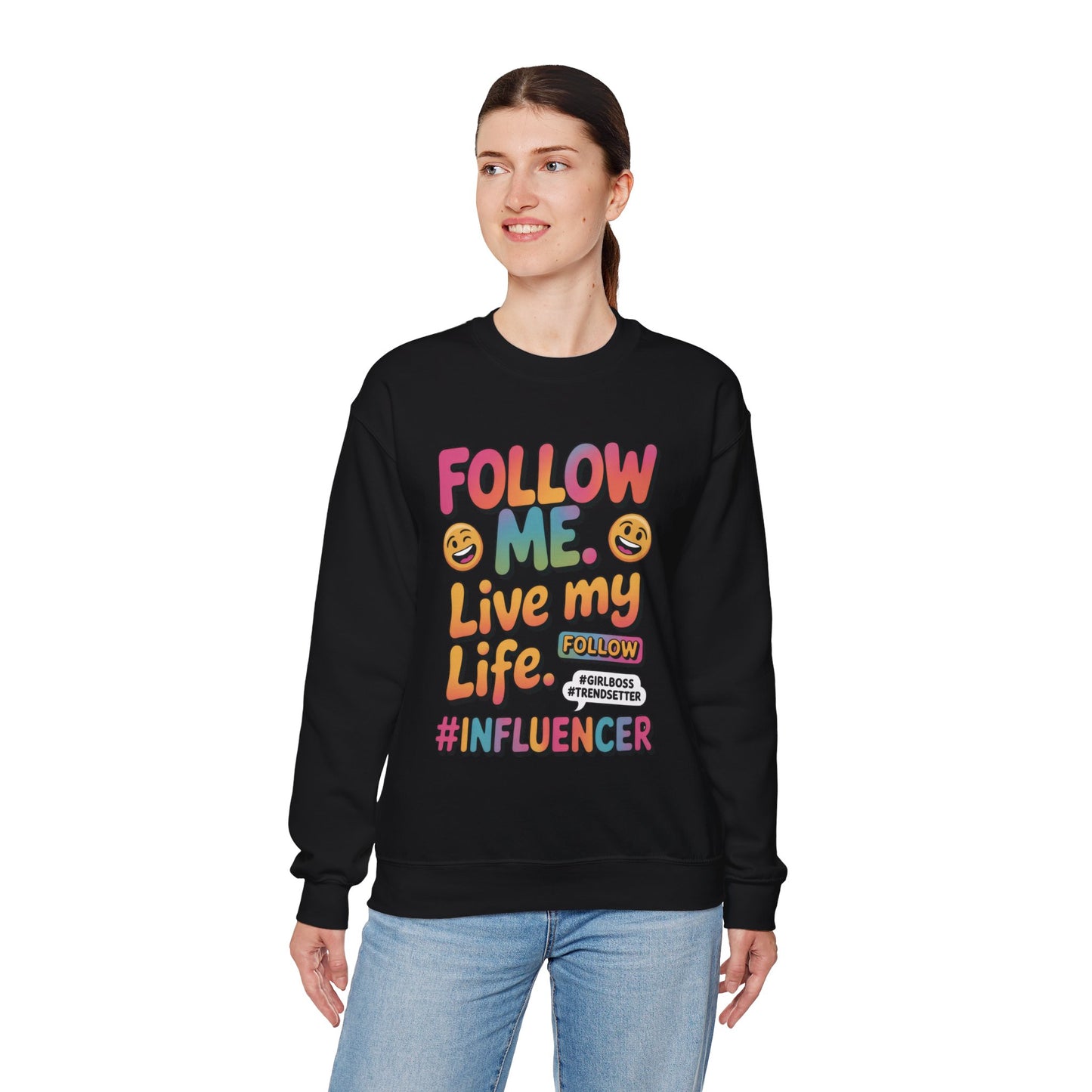 Womens Heavy Blend™ Crewneck Sweatshirt, Influencer Sweatshirt, Colorful Follow Me Live My Life Graphic Sweatshirt, Trendy GirlBoss Outfit