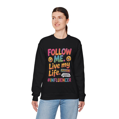 Womens Heavy Blend™ Crewneck Sweatshirt, Influencer Sweatshirt, Colorful Follow Me Live My Life Graphic Sweatshirt, Trendy GirlBoss Outfit