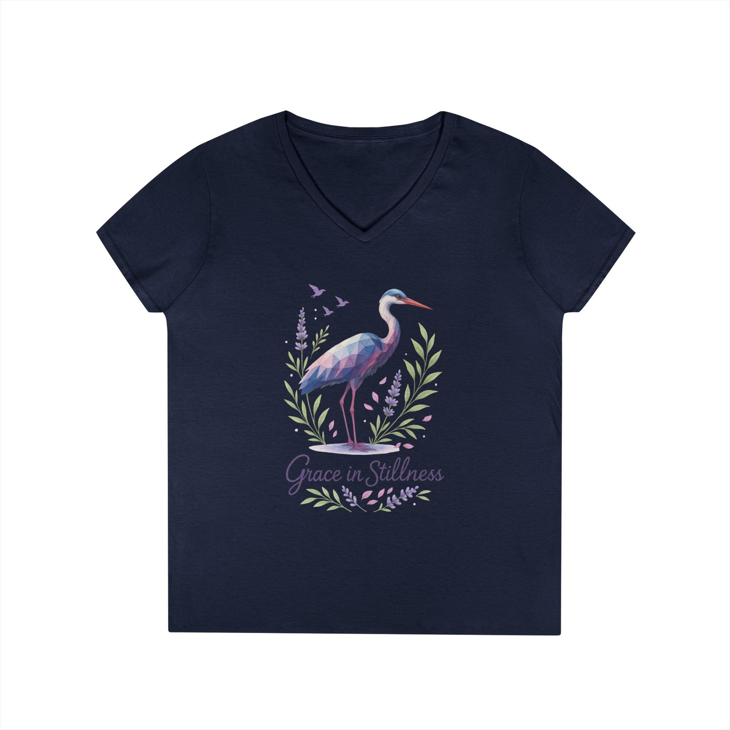 Ladies' V-Neck T-Shirt with Heron Design - Grace in Stillness, Relaxed Fit, Nature-Inspired Gift, Travel Tee, Summer Fashion