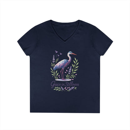 Ladies' V-Neck T-Shirt with Heron Design - Grace in Stillness, Relaxed Fit, Nature-Inspired Gift, Travel Tee, Summer Fashion