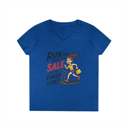Ladies' V-Neck T-Shirt, Motivational Fitness Tee, Funny Gym Top, Funny Shopping Tee, Treadmill Runner Shirt for Her, For Sale Tee