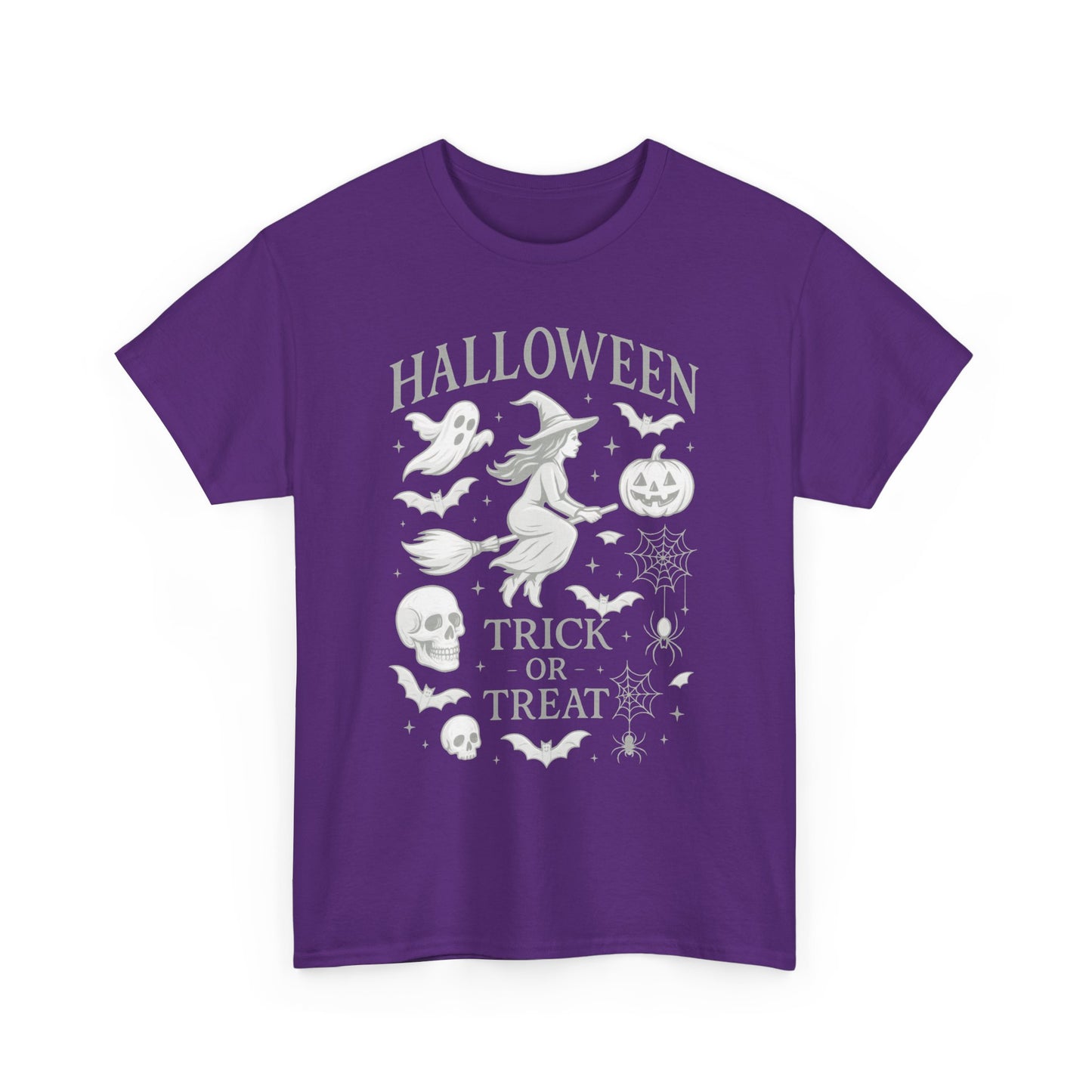 Halloween Witch Flying Broomstick T-Shirt, Trick or Treat Ghost Pumpkin Skull Spider Web Women's Tee