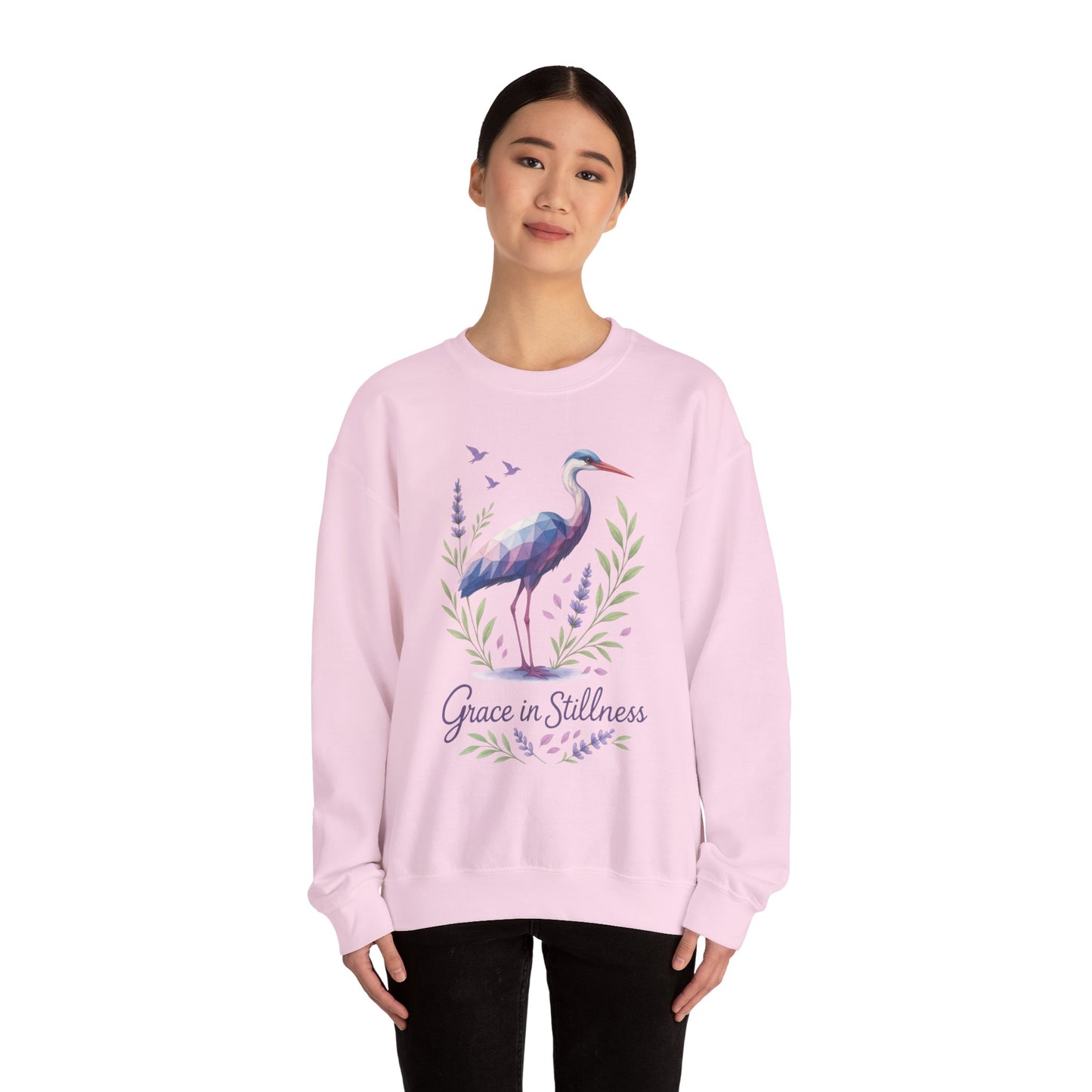 Polygonal Heron Graphic Sweatshirt, Women's Artistic Bird Crewneck, Nature-Inspired Minimalist Design, Geometric Crane, Bird Lovers Gift