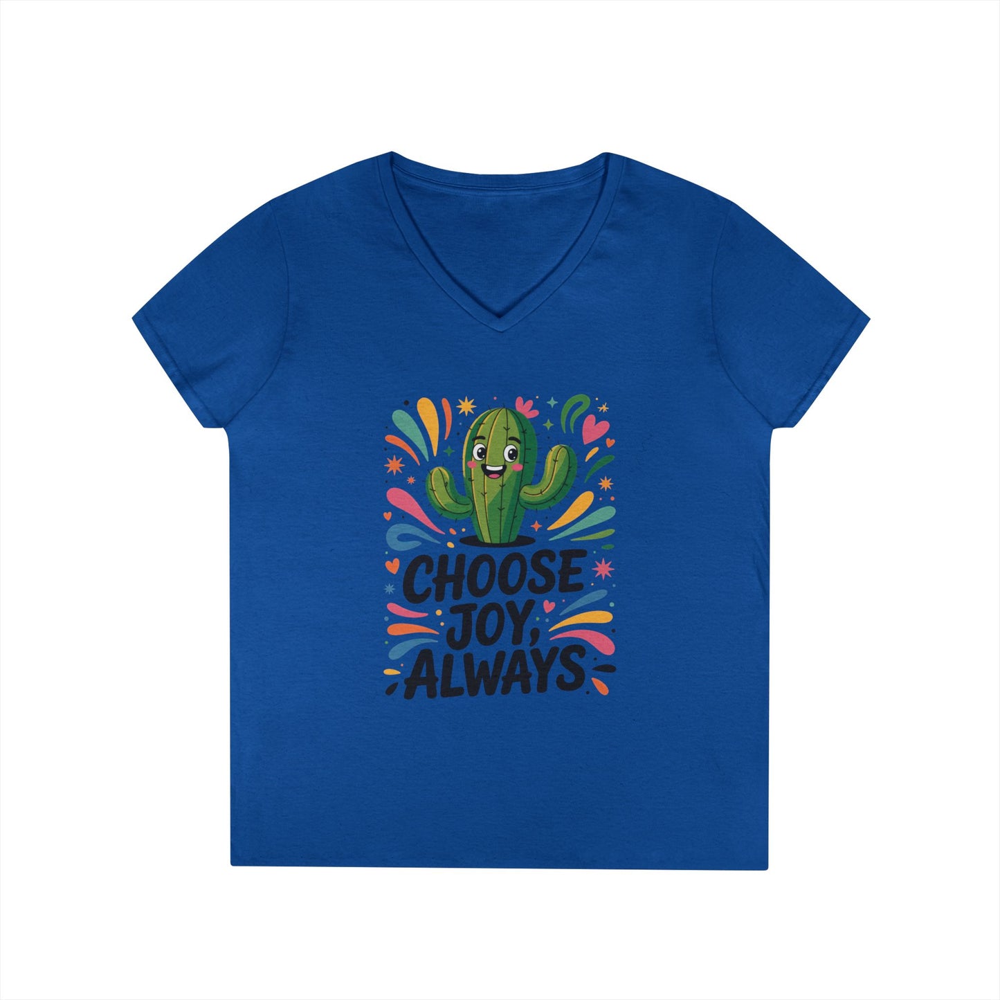 Choose Joy Cactus Ladies' V-Neck T-Shirt, Positive Vibe Shirt, Gift for Her, Summer Casual Tee, Inspirational Wear, Cute Graphic Top