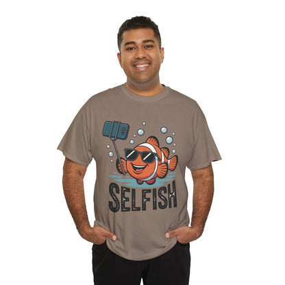 Unisex Heavy Cotton Tee, Mens Selfish Funny Fish T-Shirt, Cute Selfie Graphic Tee, Ocean Humor Shirt