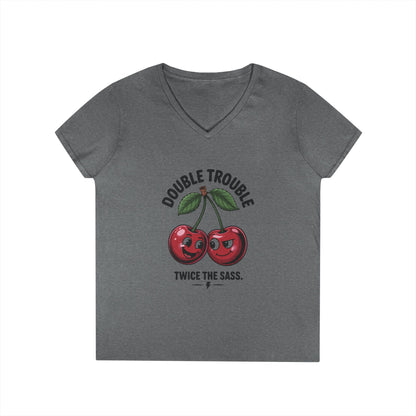 Double Trouble Cherry Ladies V-Neck T-Shirt, Funny Cute Womens T-Shirt, Twice the Sass Quote Shirt, Sassy Cherry Cartoon Gift