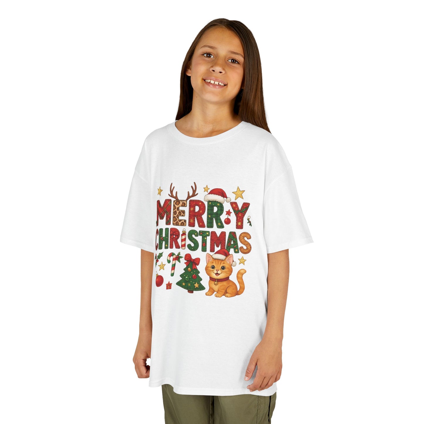 Merry Christmas Cat Shirt for Girls, Cute Holiday Kitten Tee