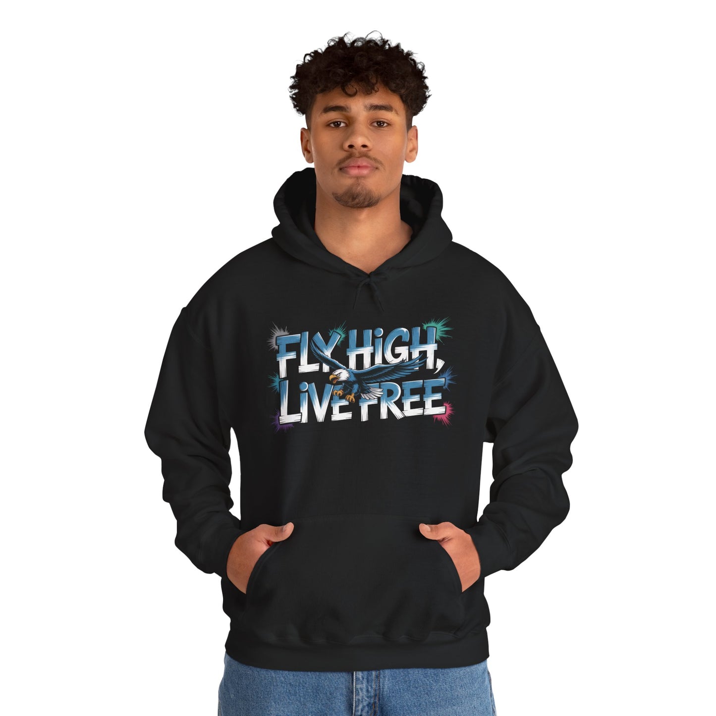 Mens Heavy Blend™ Hooded Sweatshirt, Fly High Live Free Eagle Mens Hoodie Streetwear