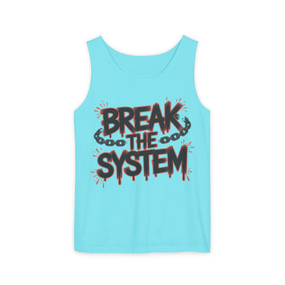 Men's Garment-Dyed Tank Top, Break the System Tank Top, Graphic Protest Muscle Tee, Streetwear Activist Summer Top