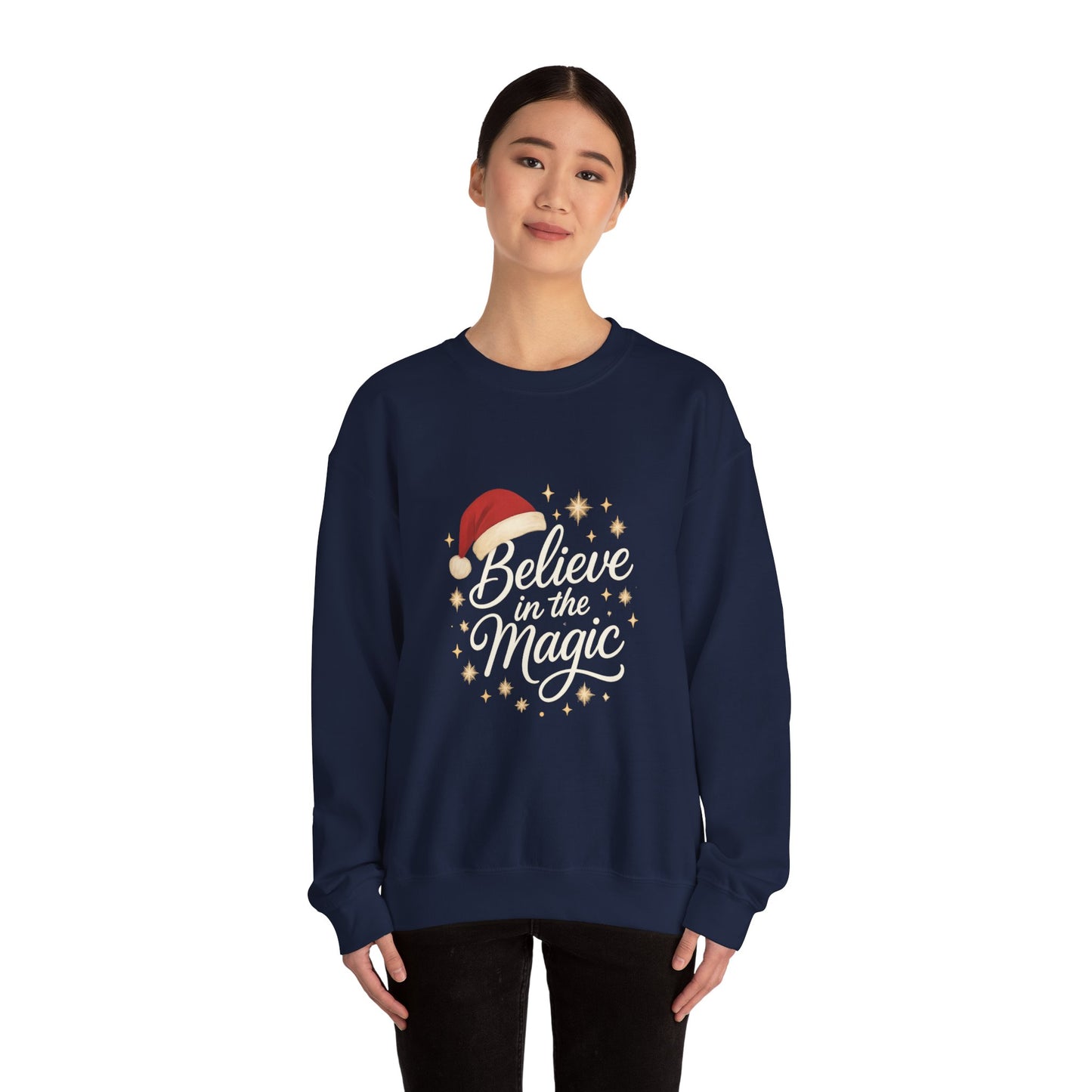 Believe in the Magic Women's Christmas Shirt, Santa Hat Holiday Cozy Sweatshirt, Women's Heavy Blend™ Crewneck Sweatshirt
