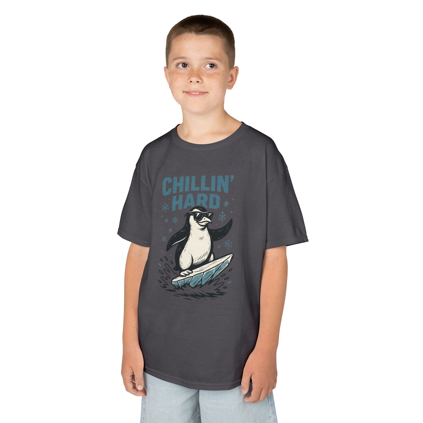 Kids Heavy Cotton™ Tee, Kids Chillin Hard Penguin T-Shirt, Funny Cool Animal Graphic Tee for Children
