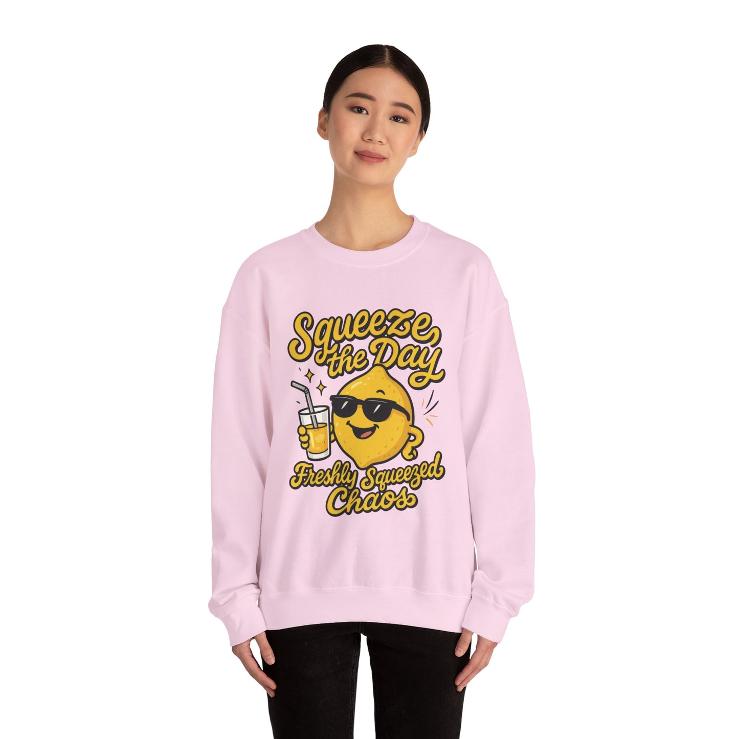 Funny Lemon Womens Sweatshirt - Squeeze The Day Freshly Squeezed Chaos Cozy Pullover - Citrus Positive Crewneck Sweatshirt, Cheerful Fashion