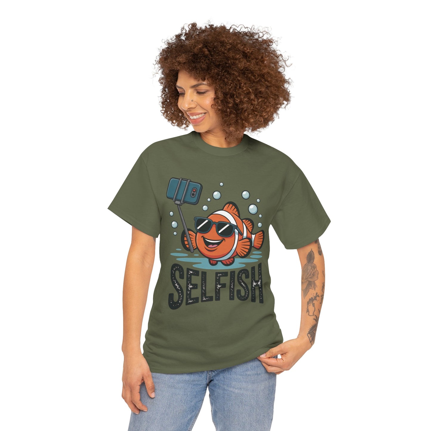 Unisex Heavy Cotton Tee, Mens Selfish Funny Fish T-Shirt, Cute Selfie Graphic Tee, Ocean Humor Shirt