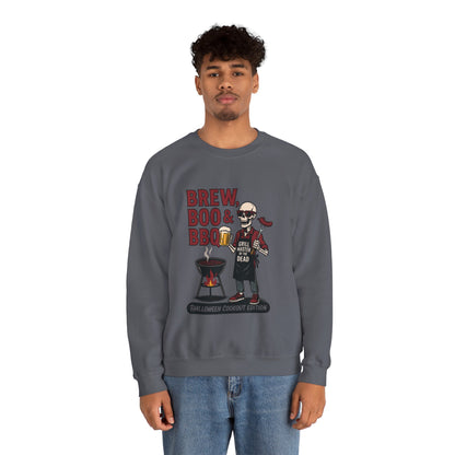 Halloween BBQ Men's Sweatshirt, Brew Boo & BBQ Skeleton Grill Master, Spooky Dad Gift, Skeleton Dad Sweat, Grill Master Crew