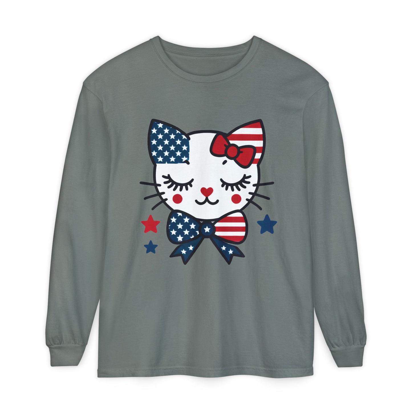 Patriotic Cat Long Sleeve T-Shirt, Women's Tee, Perfect for Fourth of July, Animal Lover Gift, Cozy Casual Wear, Holiday Apparel