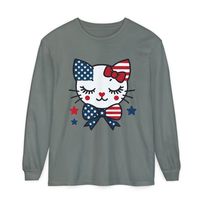Patriotic Cat Long Sleeve T-Shirt, Women's Tee, Perfect for Fourth of July, Animal Lover Gift, Cozy Casual Wear, Holiday Apparel