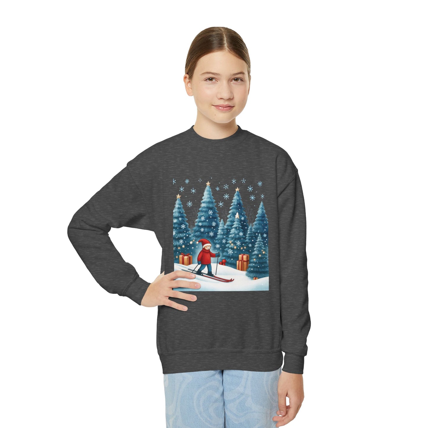 Kids Christmas Skiing Sweatshirt, Cute Holiday Winter Pullover, Youth Crewneck Sweatshirt