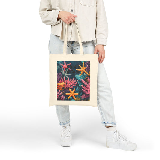 Ocean-Inspired Cotton Canvas Tote Bag, Artistic Starfish Design, Eco-Friendly Carryall, Beach Day Essential, Summer Gift, Boho Style