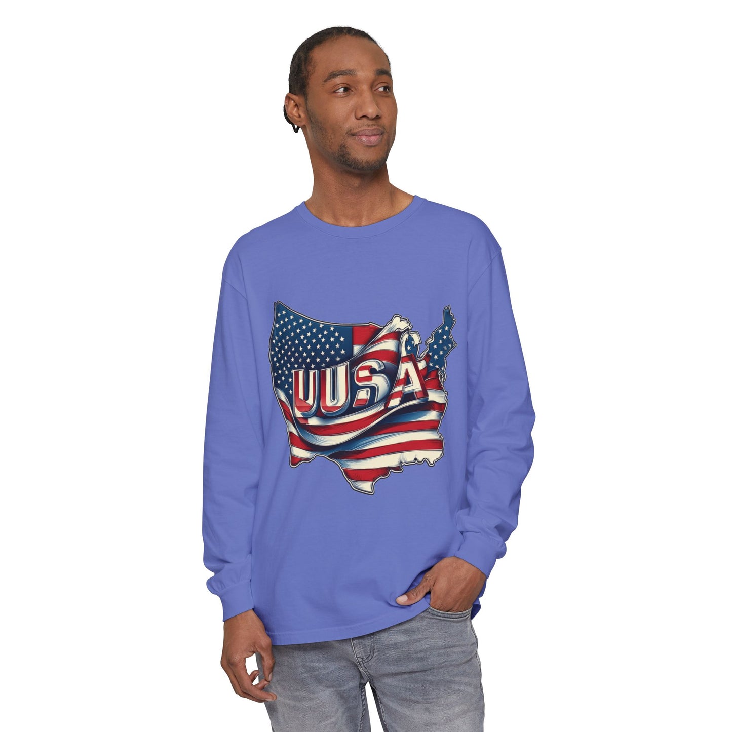 USA Flag Long Sleeve Tee, Unisex Garment-Dyed Shirt, Patriotic Top, All-American Apparel, Independence Day Style, Comfortable Casual Wear