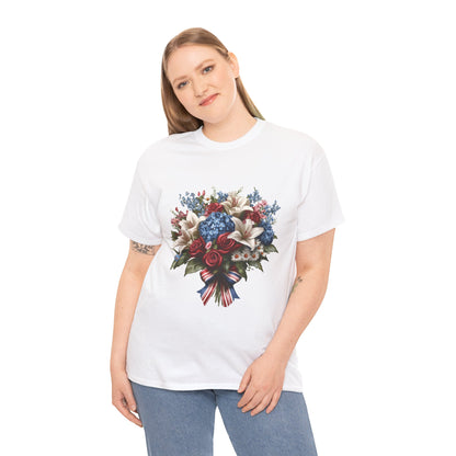 Patriotic Floral Bouquet T-Shirt, Red White Blue Flower Graphic Tee, USA Pride Shirt, Unisex Heavy Cotton Tee