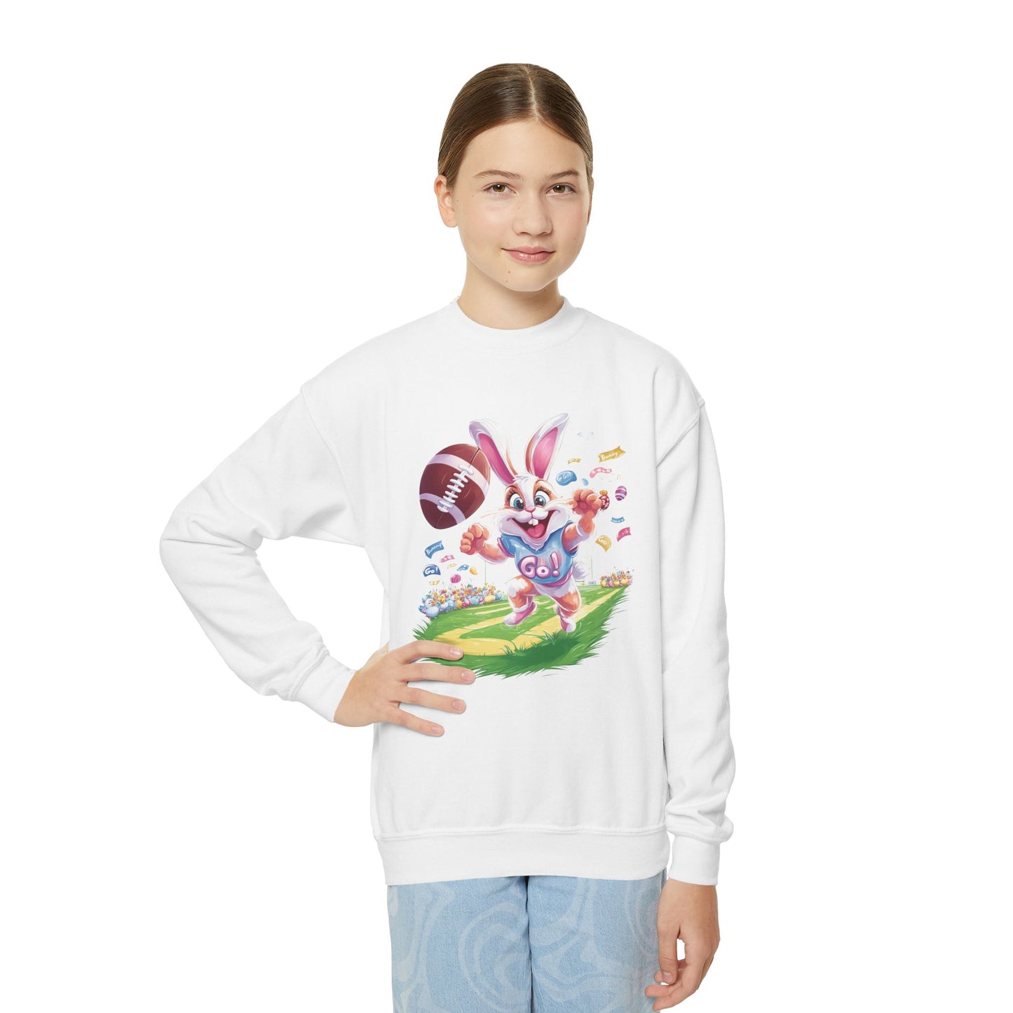 Touchdown Bunny Youth Sweatshirt - Fun Easter Football Bunny Design, Kids Spring Outfit, Game Day Gift, Playful Bunny Sports Shirt