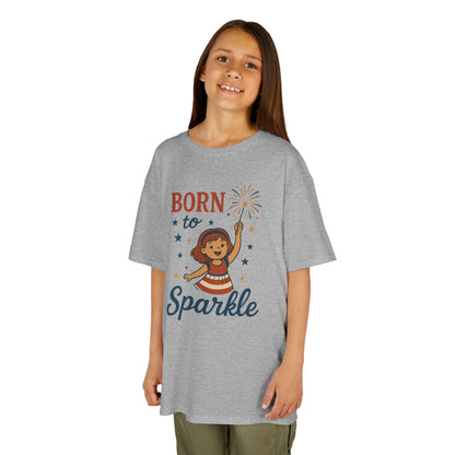 4th of July Shirt for Girls,  Born to Sparkle Tee For Kids, Patriotic Fireworks Youth T-Shirt, Independence Day Outfit for Tween Girls