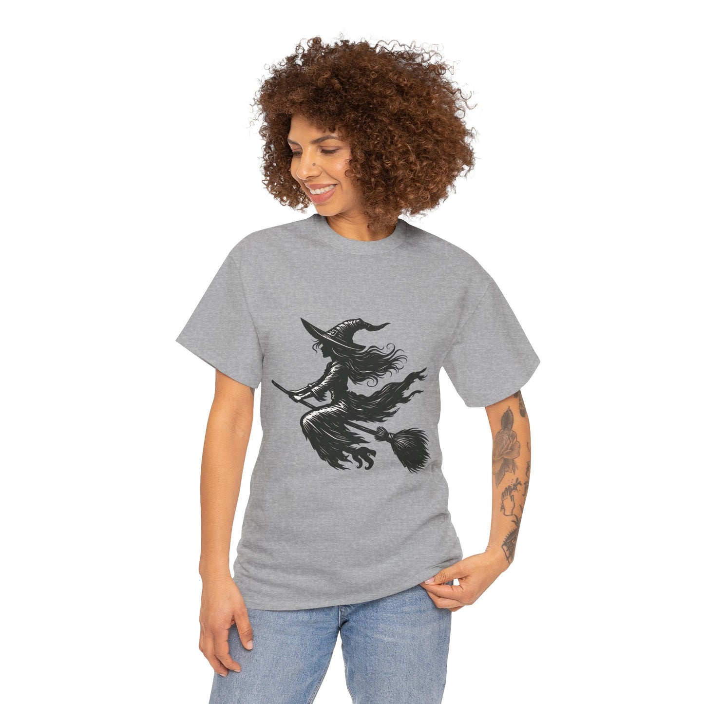 Flying Witch Silhouette Halloween T-Shirt for Women, Vintage Witch on Broom Tee, Spooky Gothic Fall Shirt, Minimal Black Witch Top