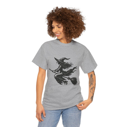 Flying Witch Silhouette Halloween T-Shirt for Women, Vintage Witch on Broom Tee, Spooky Gothic Fall Shirt, Minimal Black Witch Top