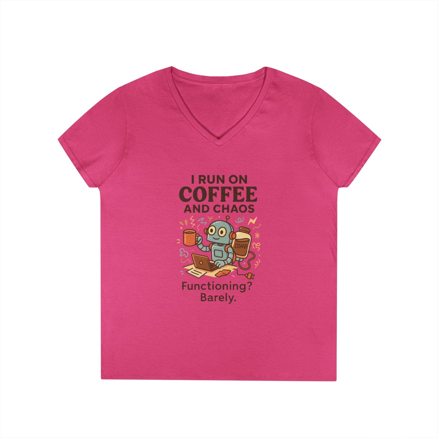 Funny Coffee and Chaos Ladies' V-Neck T-Shirt, Gift for Coffee Lovers, Quirky Tee, Casual Wear, Unique Humor Shirt, Work from Home Humor Tee