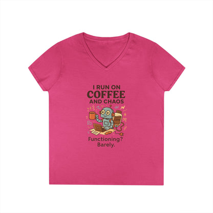 Funny Coffee and Chaos Ladies' V-Neck T-Shirt, Gift for Coffee Lovers, Quirky Tee, Casual Wear, Unique Humor Shirt, Work from Home Humor Tee