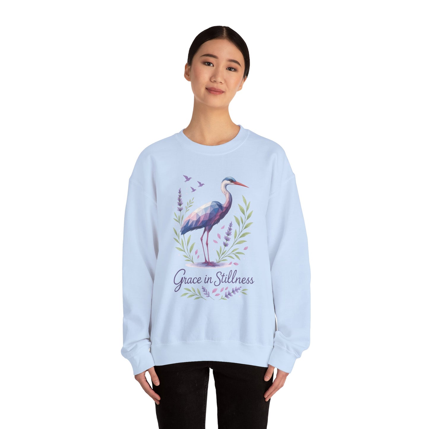 Polygonal Heron Graphic Sweatshirt, Women's Artistic Bird Crewneck, Nature-Inspired Minimalist Design, Geometric Crane, Bird Lovers Gift