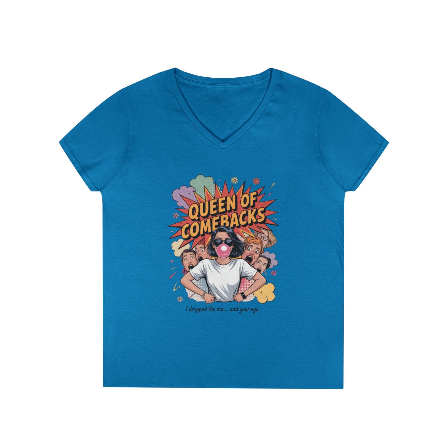 Queen of Comebacks V-Neck T-Shirt, Funny Graphic Tee, Gift for Friends, Humor Apparel, Casual Wear, Comedic Shirt
