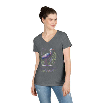 Ladies' V-Neck T-Shirt with Heron Design - Grace in Stillness, Relaxed Fit, Nature-Inspired Gift, Travel Tee, Summer Fashion