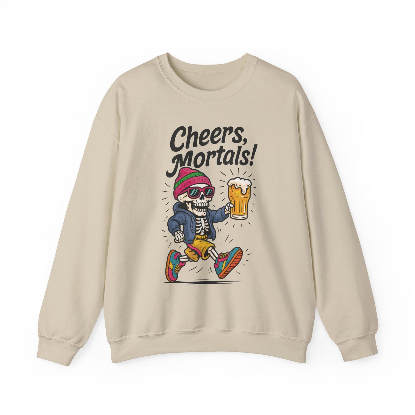 Cheers Mortals! Mens Crewneck Sweatshirt, Skeleton Beer Pullover with Hood, Drinking Humor Sweatshirt, Party Gift for Him, Halloween Apparel