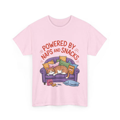 Powered by Naps and Snacks Cat T-Shirt, Funny Lazy Cat Lover Womens Tee, Cute Humor Shirt, Cozy Gift for Her, Cozy Cat Lover T-Shirt