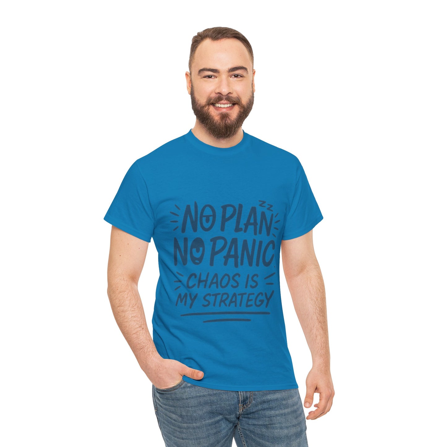 Funny Chaos Quote Mens T-Shirt, No Plan No Panic Humor Shirt, Casual Graphic Tee Gift for Him, Relaxed Fit