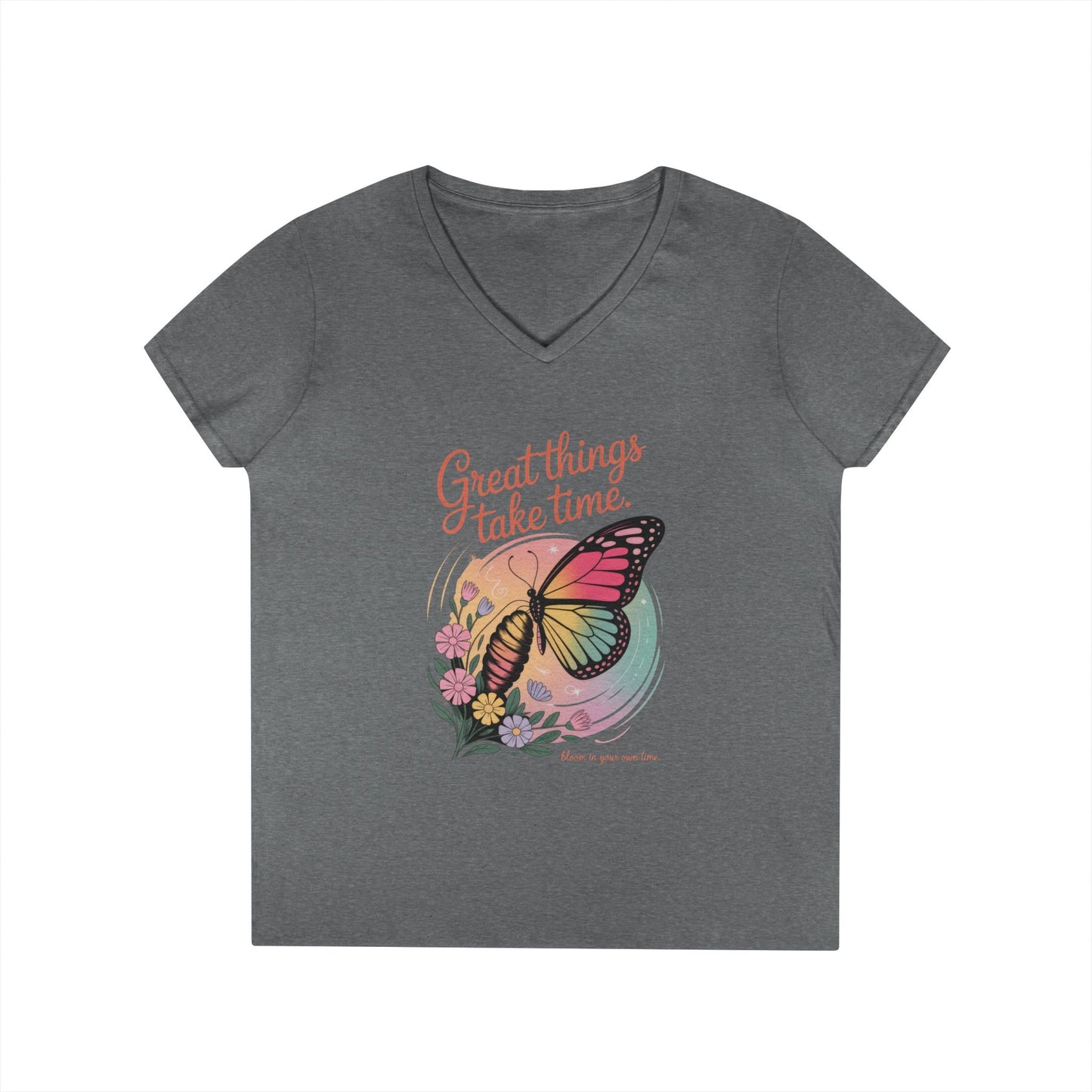 Inspiring Ladies' V-Neck T-Shirt, Great Things Take Time Butterfly Design, Relaxation, Motivation, Nature, Motivational Women's Tee
