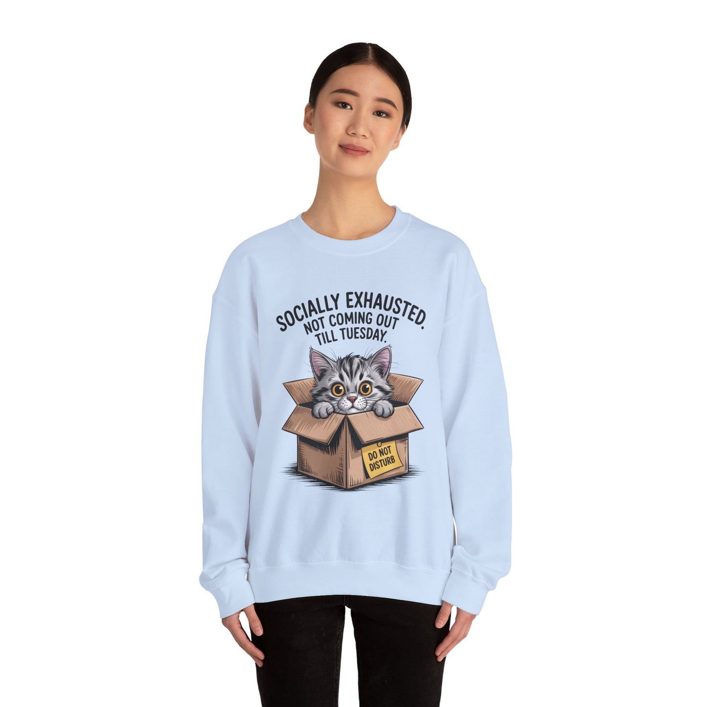 Socially Exhausted Cat Sweatshirt, Funny Cat Crewneck, Gift for Cat Lovers, Cozy Unisex Pullover, Weekend Comfort Apparel