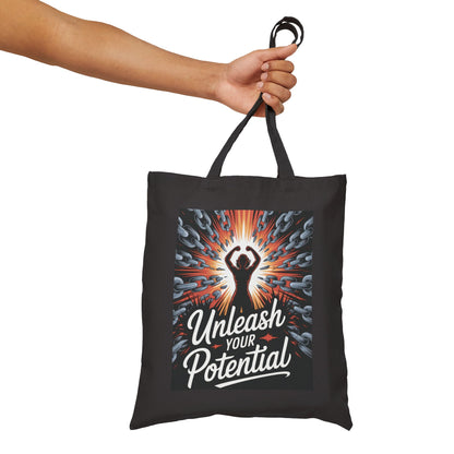 Unleash Your Potential Tote Bag, Motivational Empowerment Canvas Bag with Strong Woman & Chains Design, Fitness & Feminist Gift