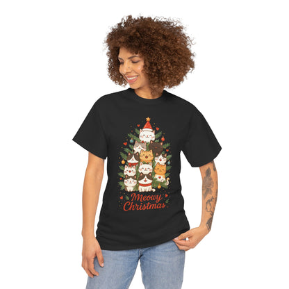 Women's Meowy Christmas Cat T-Shirt, Cute Holiday Kitty Tree Tee