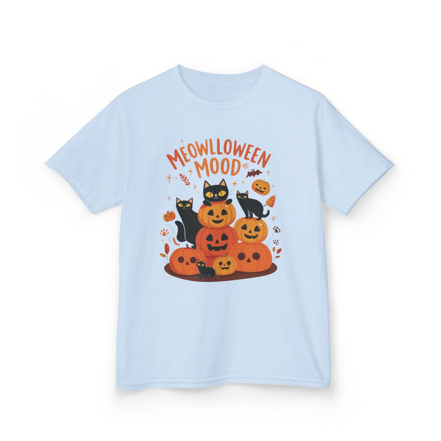 Meowlloween Mood Kids Shirt, Cute Black Cat Halloween T-Shirt for Girls and Boys, Funny Pumpkin Cat Tee, Cozy Fall Cat Lover Gift