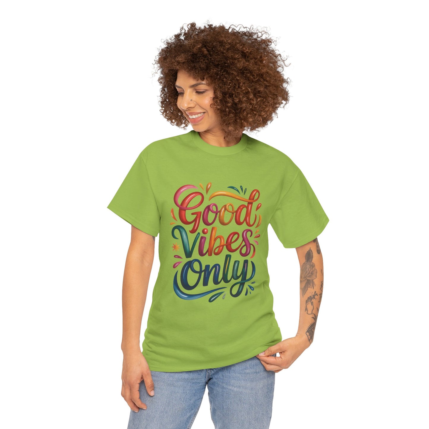 Good Vibes Only Womens Heavy Cotton Tee, Casual Wear, Gift for Friends, Relaxed Fit, Summer Style, Positive Affirmation Shirt