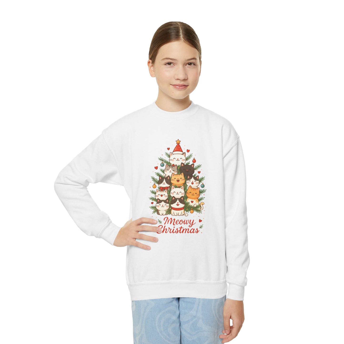 Youth Meowy Christmas Cat Sweatshirt, Cute Holiday Kitty Jumper