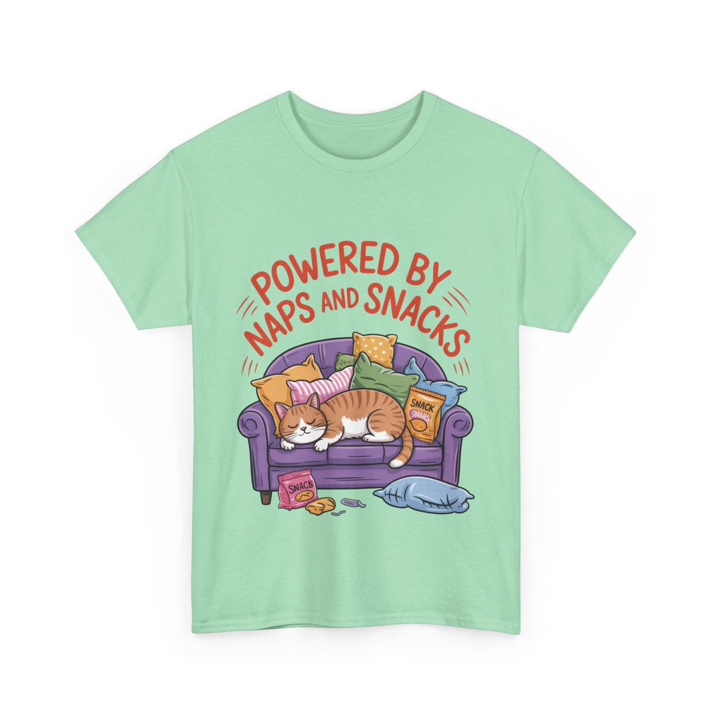 Powered by Naps and Snacks Cat T-Shirt, Funny Lazy Cat Lover Womens Tee, Cute Humor Shirt, Cozy Gift for Her, Cozy Cat Lover T-Shirt