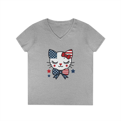 Patriotic Cat Ladies' V-Neck T-Shirt, Cute Tee, July 4th Top, Independence Day Shirt, Gift for Cat Lovers, Casual Summer Wear